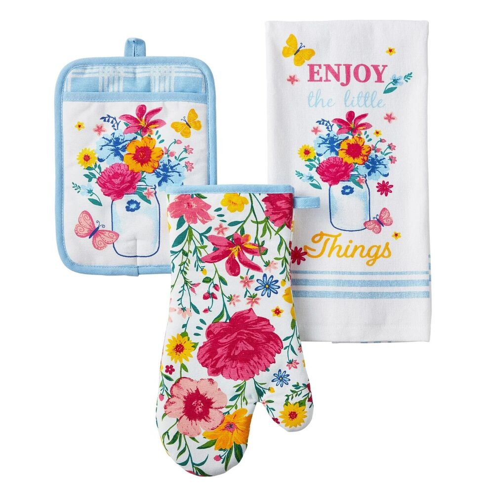 Pioneer Woman Flowering Frontier Kitchen Towel Oven Mitt Potholder Blue Cotton